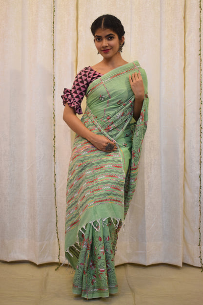 Revati: Pistachio Green Khadi Cotton Kantha Saree