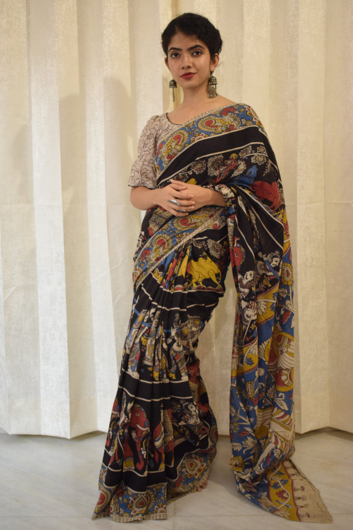 Kathā- Black Cotton Kalamkari saree