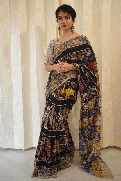 Kathā- Black Cotton Kalamkari saree