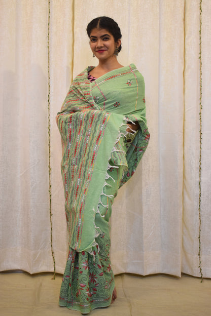 Revati: Pistachio Green Khadi Cotton Kantha Saree