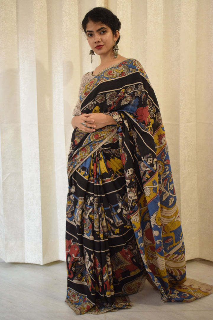 Kathā- Black Cotton Kalamkari saree