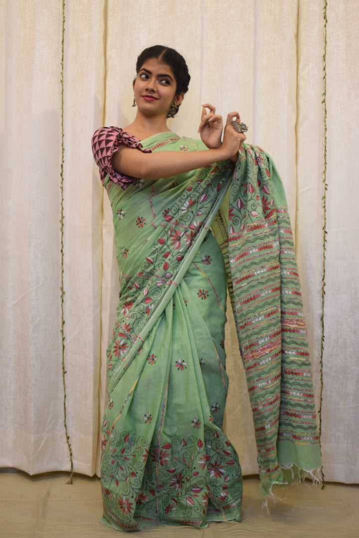 Revati: Pistachio Green Khadi Cotton Kantha Saree