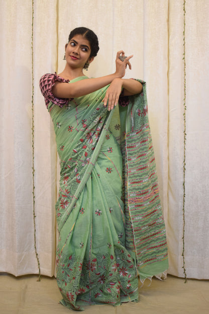 Revati: Pistachio Green Khadi Cotton Kantha Saree