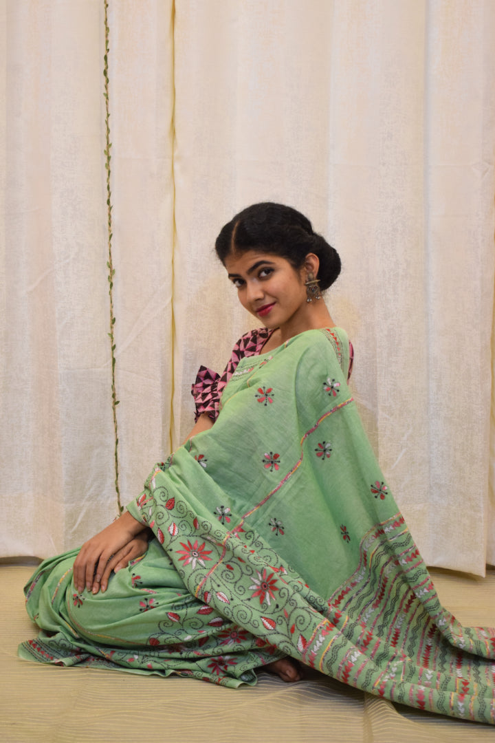 Revati: Pistachio Green Khadi Cotton Kantha Saree