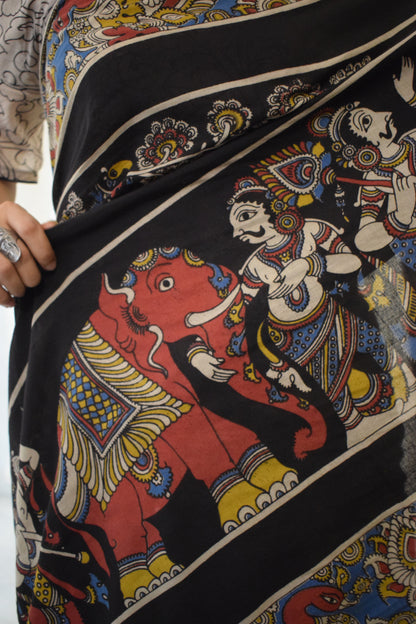 Kathā- Black Cotton Kalamkari saree