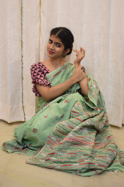 Revati: Pistachio Green Khadi Cotton Kantha Saree