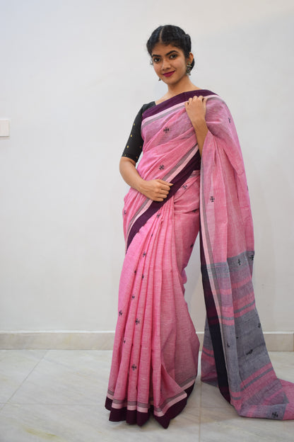 Ameya: Pink Khadi Cotton Jamdani Saree