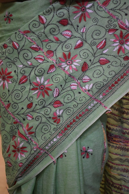 Revati: Pistachio Green Khadi Cotton Kantha Saree