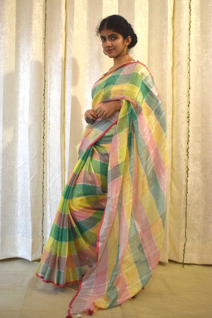 Sargam: Multicoloured Linen Check Saree