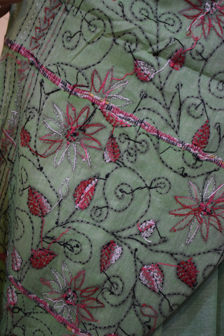 Revati: Pistachio Green Khadi Cotton Kantha Saree