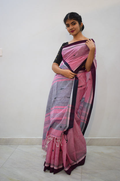 Ameya: Pink Khadi Cotton Jamdani Saree