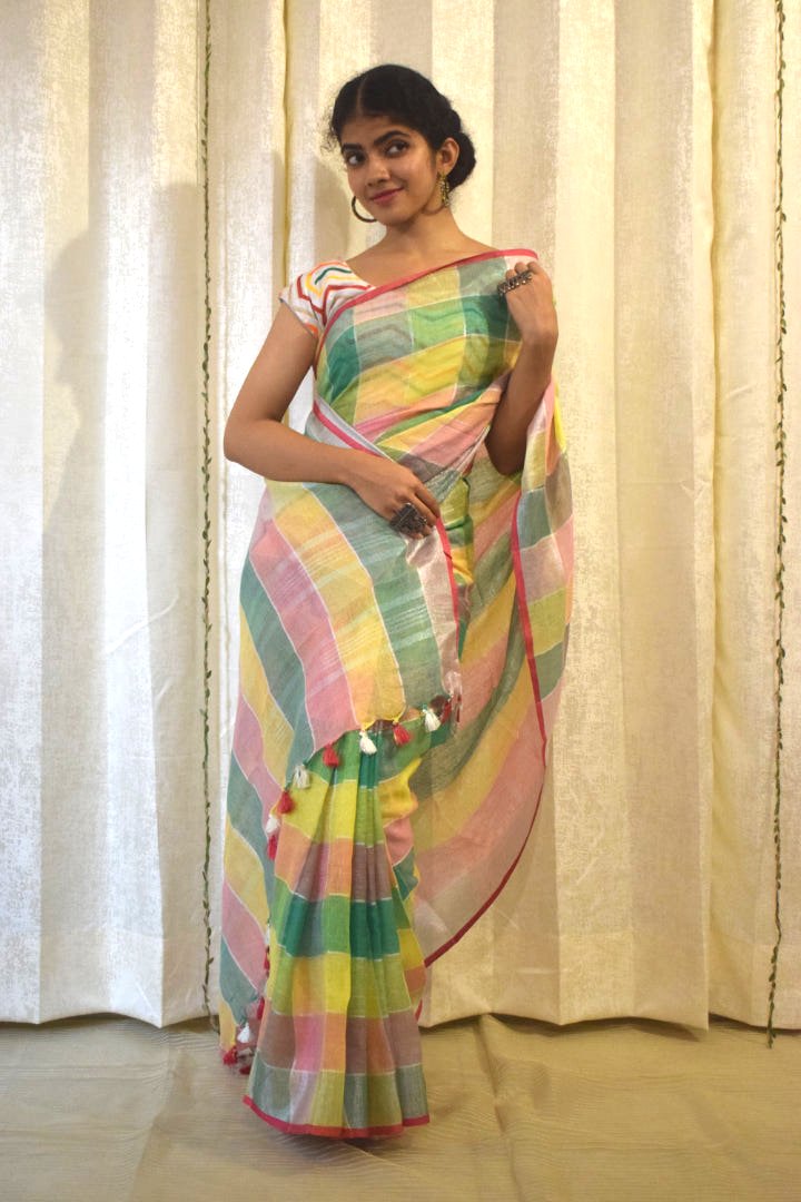 Sargam: Multicoloured Linen Check Saree