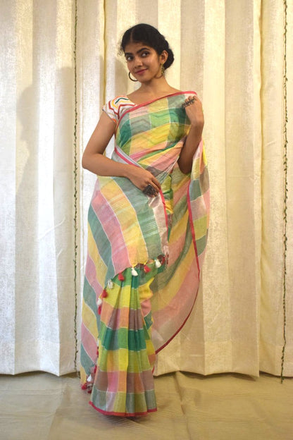 Sargam: Multicoloured Linen Check Saree