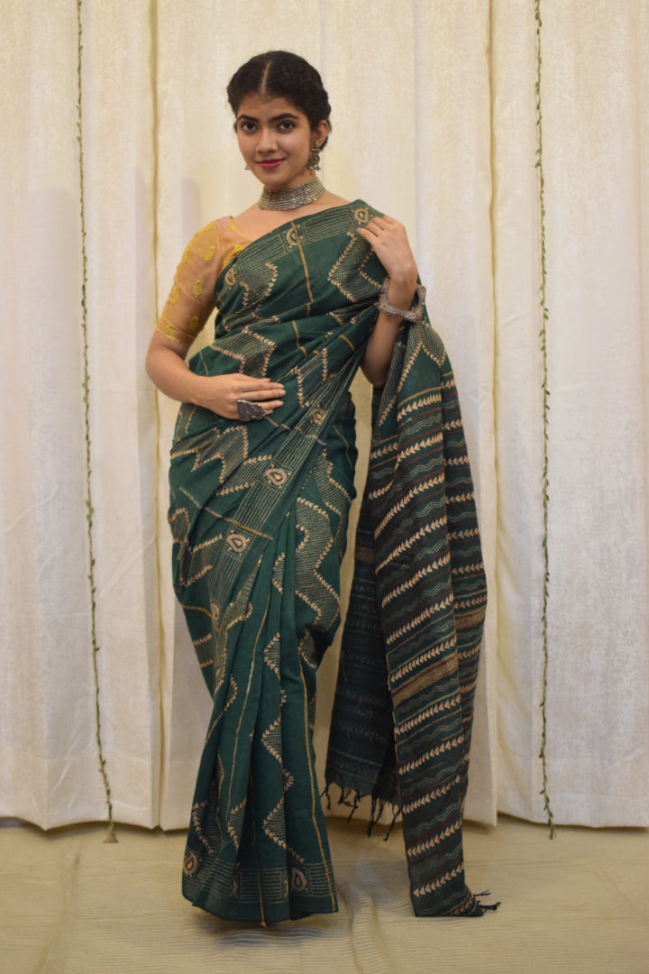 Bhuvi: Forest Green Khadi Cotton Kantha Saree