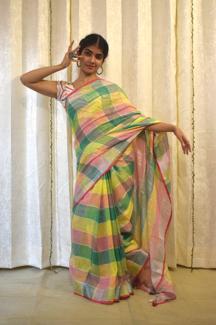 Sargam: Multicoloured Linen Check Saree