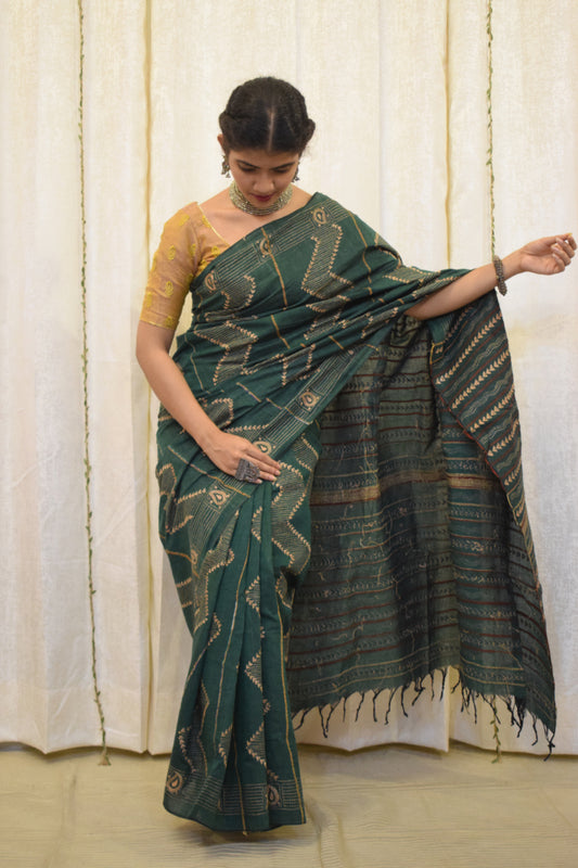 Bhuvi: Forest Green Khadi Cotton Kantha Saree