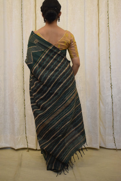 Bhuvi: Forest Green Khadi Cotton Kantha Saree