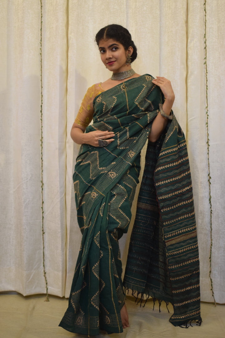 Bhuvi: Forest Green Khadi Cotton Kantha Saree