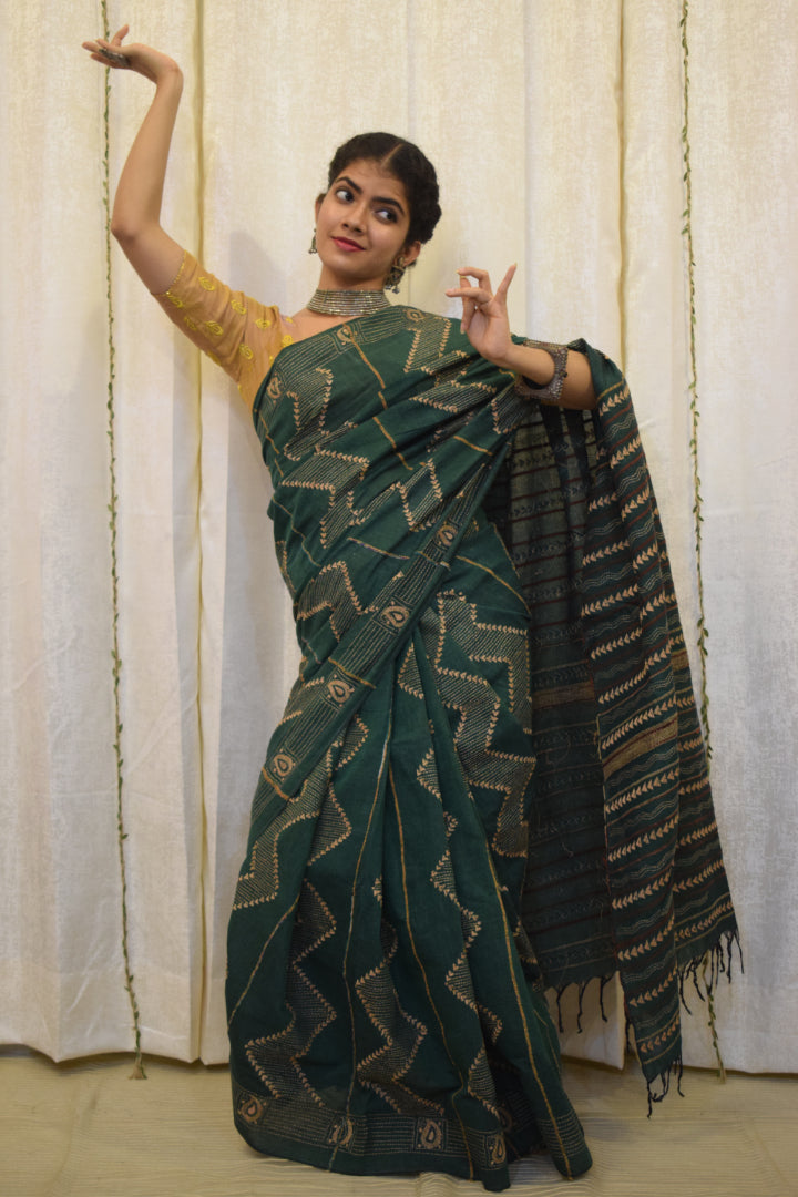 Bhuvi: Forest Green Khadi Cotton Kantha Saree