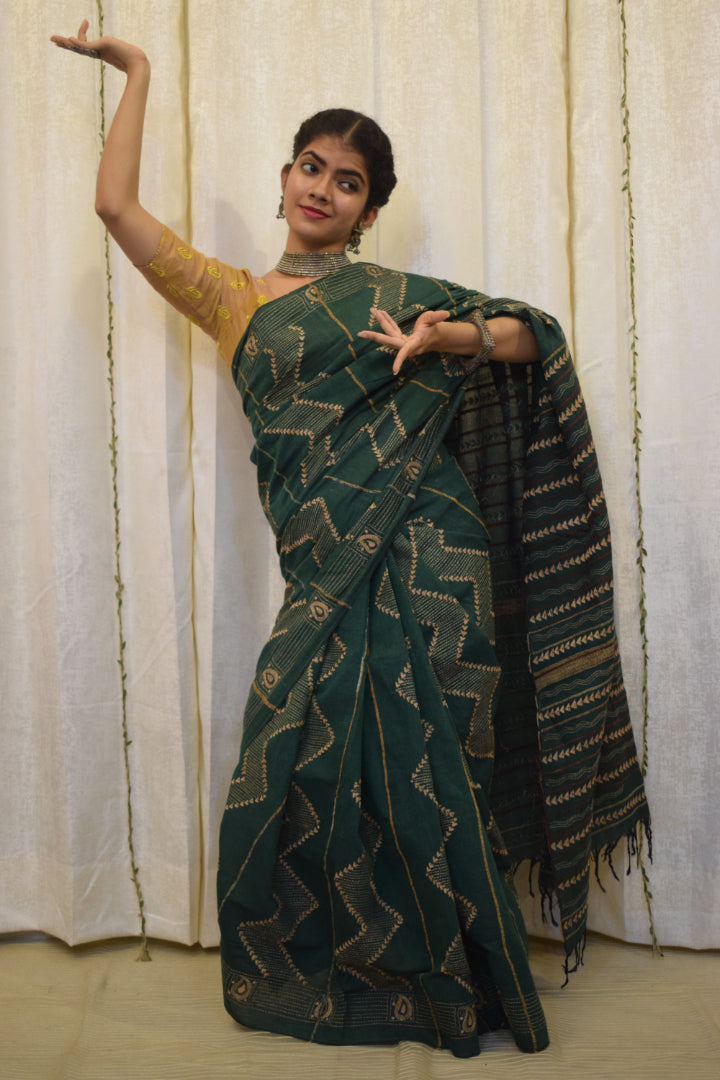 Bhuvi: Forest Green Khadi Cotton Kantha Saree