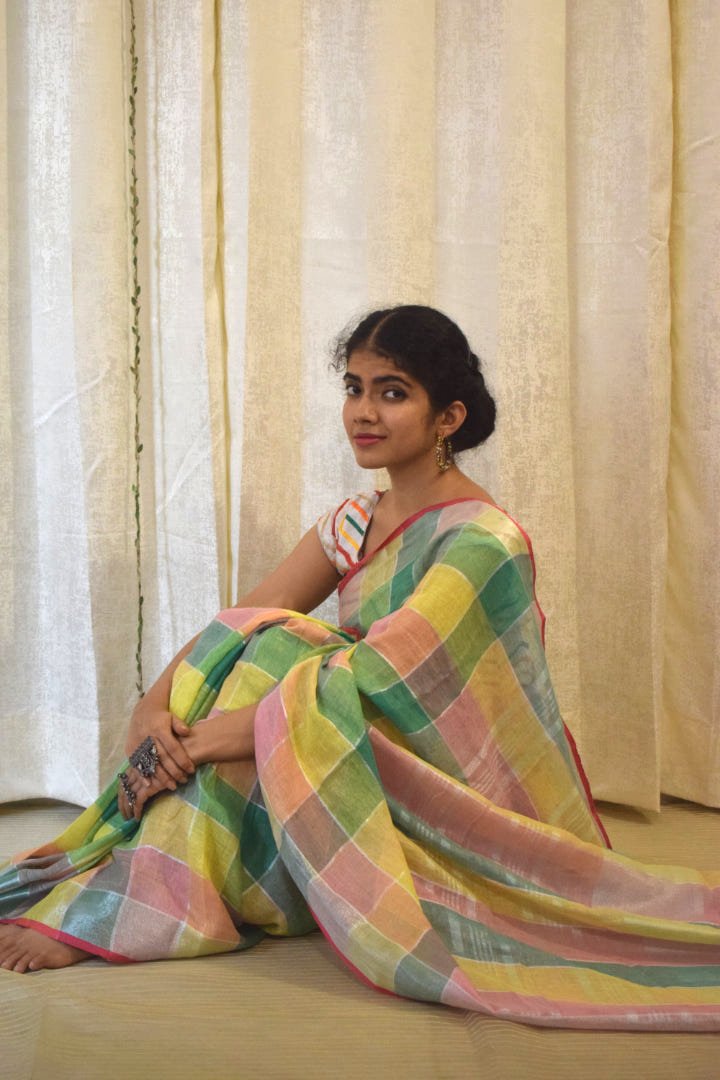 Sargam: Multicoloured Linen Check Saree