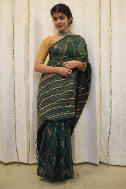 Bhuvi: Forest Green Khadi Cotton Kantha Saree