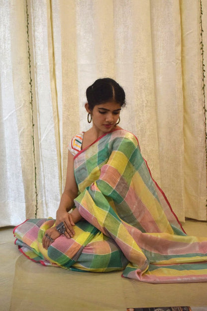 Sargam: Multicoloured Linen Check Saree