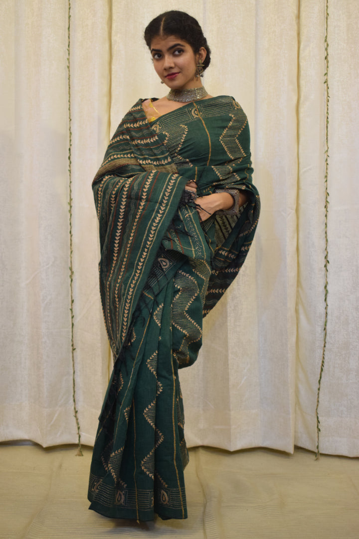 Bhuvi: Forest Green Khadi Cotton Kantha Saree