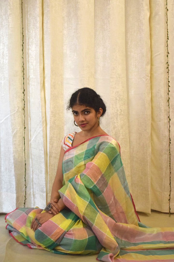 Sargam: Multicoloured Linen Check Saree