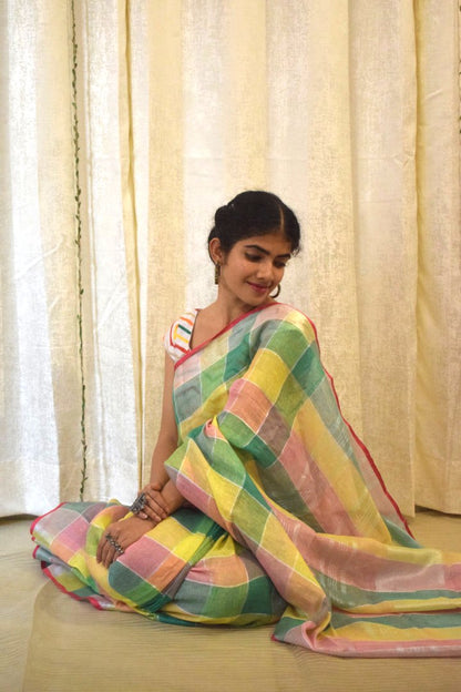 Sargam: Multicoloured Linen Check Saree