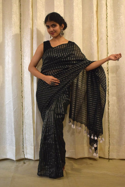 Vanya: Dark Green Cotton-Zari Stripes Saree