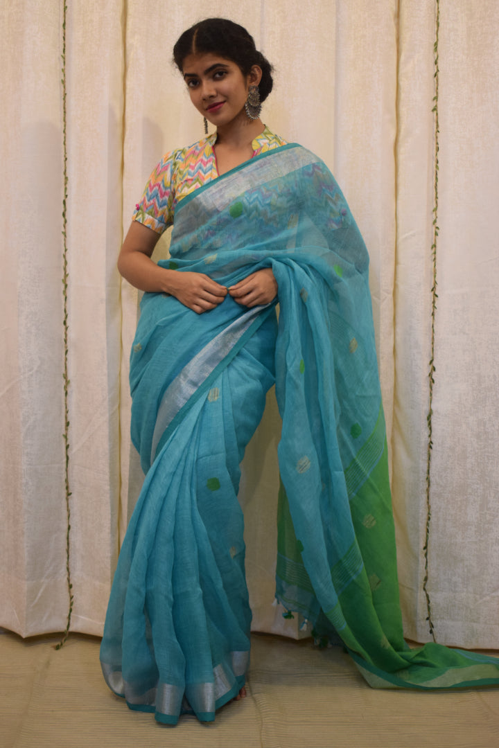 Urmi: Cyan Blue Linen Jamdani Saree