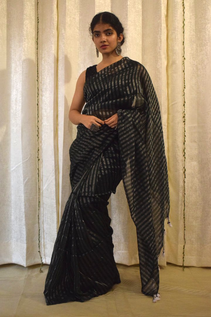 Vanya: Dark Green Cotton-Zari Stripes Saree