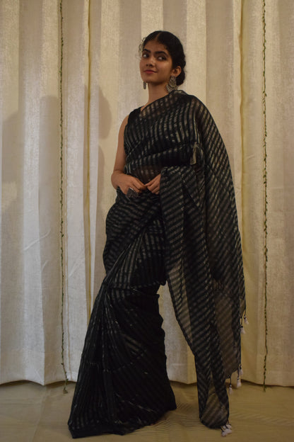 Vanya: Dark Green Cotton-Zari Stripes Saree