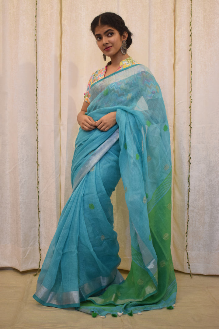 Urmi: Cyan Blue Linen Jamdani Saree