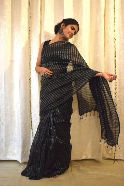 Vanya: Dark Green Cotton-Zari Stripes Saree