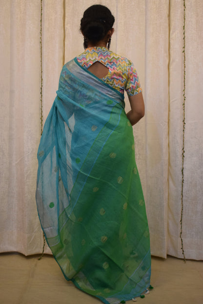 Urmi: Cyan Blue Linen Jamdani Saree