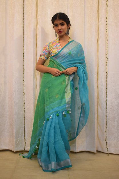 Urmi: Cyan Blue Linen Jamdani Saree