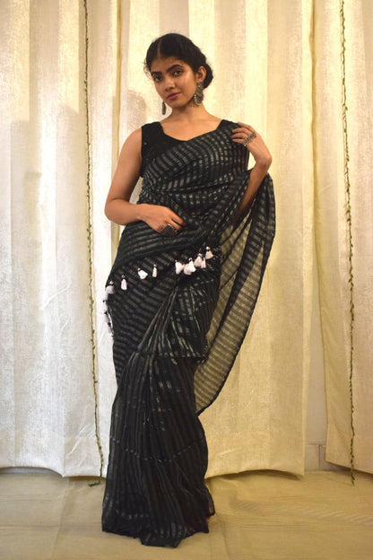 Vanya: Dark Green Cotton-Zari Stripes Saree