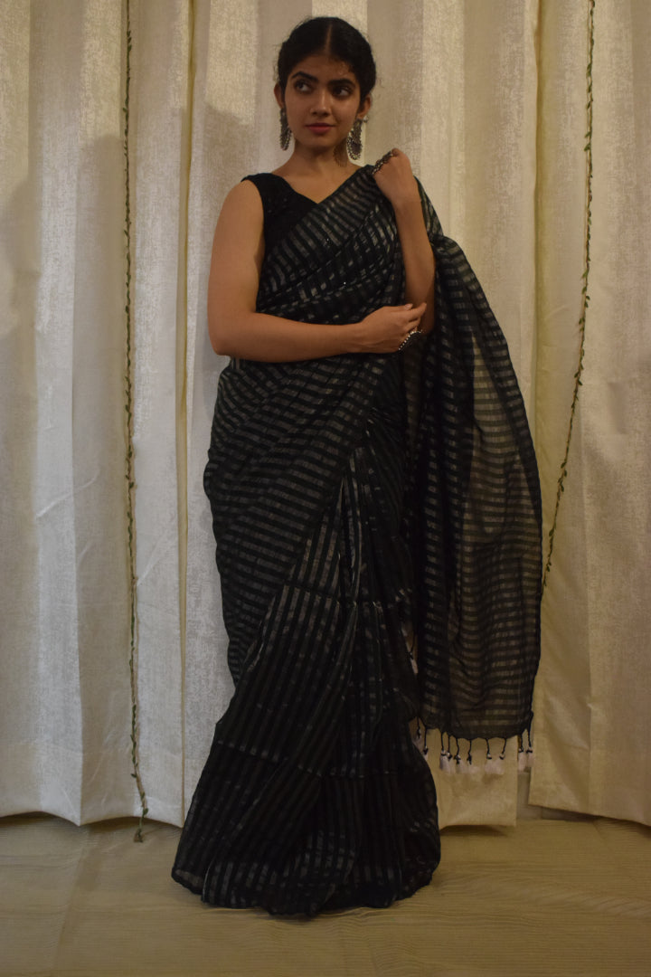 Vanya: Dark Green Cotton-Zari Stripes Saree