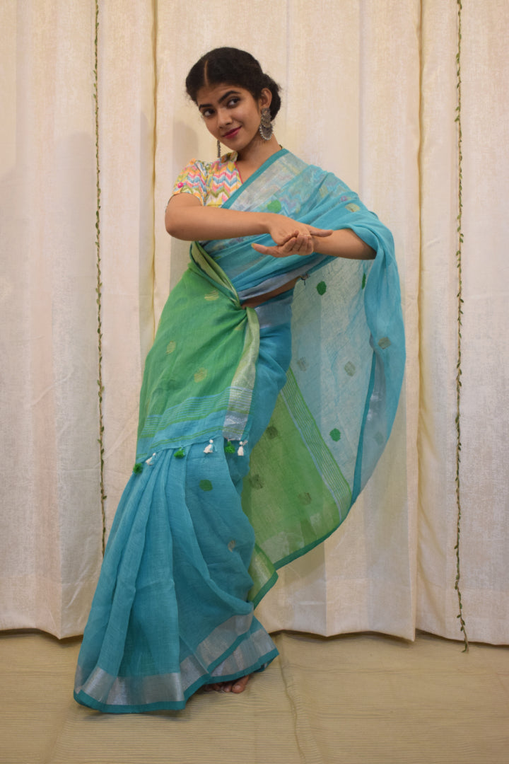 Urmi: Cyan Blue Linen Jamdani Saree