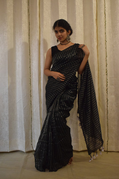 Vanya: Dark Green Cotton-Zari Stripes Saree