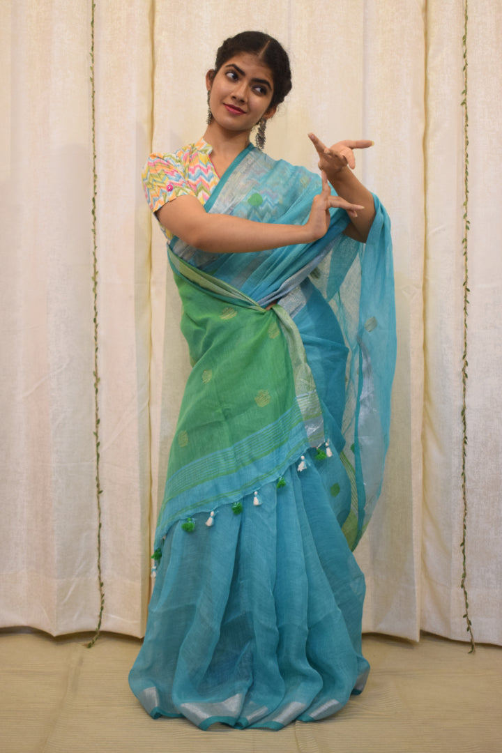 Urmi: Cyan Blue Linen Jamdani Saree