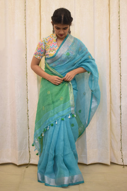 Urmi: Cyan Blue Linen Jamdani Saree