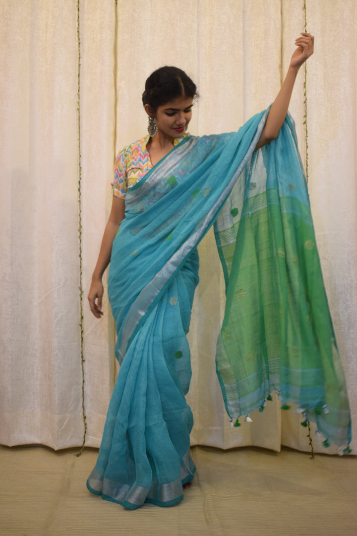 Urmi: Cyan Blue Linen Jamdani Saree