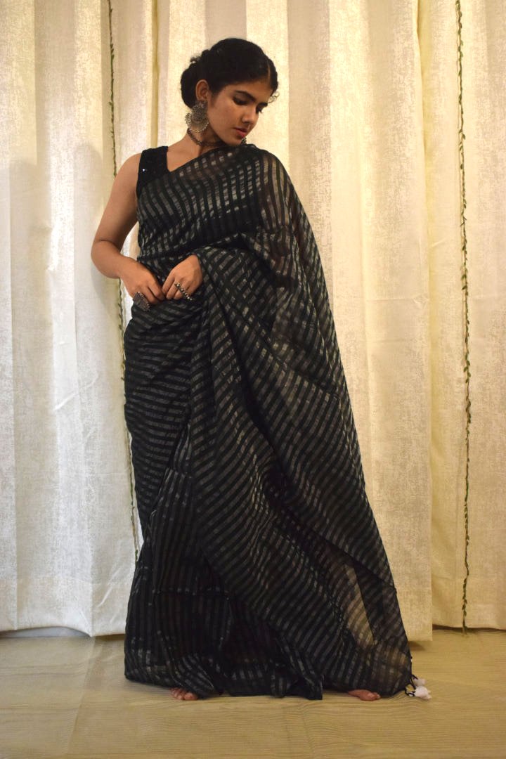 Vanya: Dark Green Cotton-Zari Stripes Saree