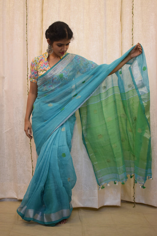 Urmi: Cyan Blue Linen Jamdani Saree