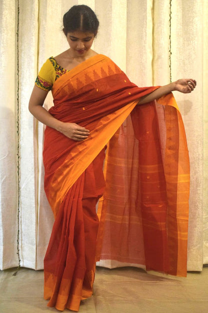 Pratyusha: Brick Red Cotton Chettinadu Saree