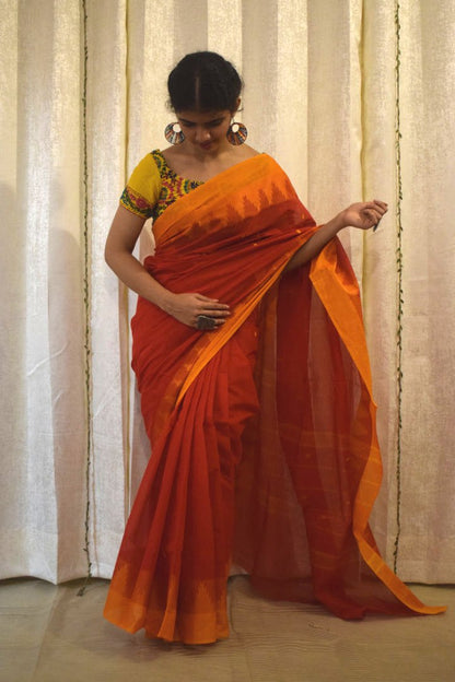 Pratyusha: Brick Red Cotton Chettinadu Saree