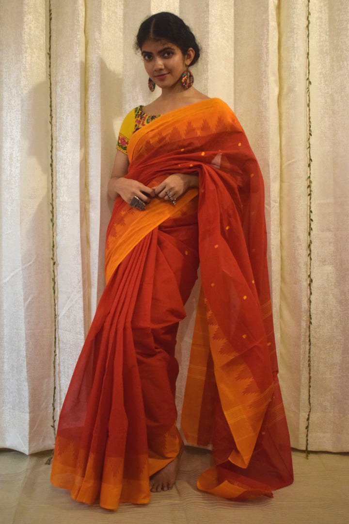 Pratyusha: Brick Red Cotton Chettinadu Saree